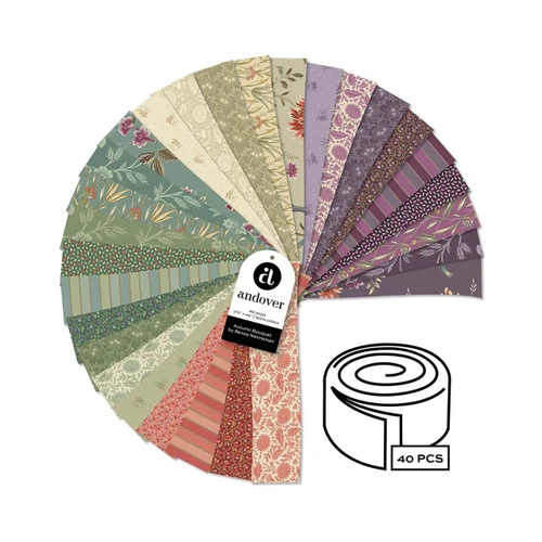 Autumn Bouquet 40-piece 2.5 inch strip roll by Renee Nanneman for Andover Fabrics, showing coordinating floral and botanical quilting fabrics.