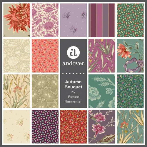 Autumn Bouquet fabric swatches by Renee Nanneman for Andover Fabrics, showing floral, leaf and stripe prints in sage green, plum, mauve, coral and cream.