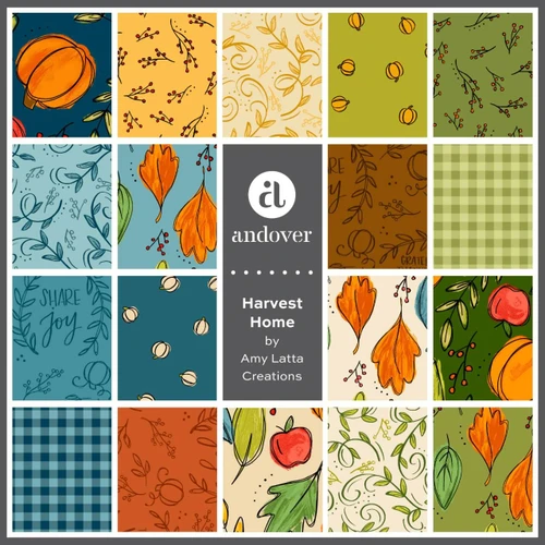 Harvest Home by Amy Latta fabric swatches in autumn orange, green, blue, cream and navy for Andover Fabrics