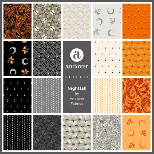 Nightfall by Andover Fabrics fabric swatches in orange, black, charcoal, grey and cream with paisley, moon and geometric designs