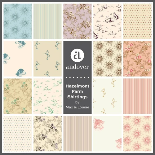 Hazelmont Farm Shirtings fabric swatches with rabbits, cats, dogs, florals, stripes and dots in soft vintage colours