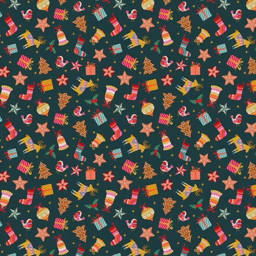 Thread & Ink Designs Deck The Halls Mini Magic deep teal cotton fabric with small reindeer, birds, stockings, presents, stars and Christmas motifs