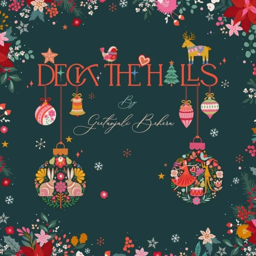 Thread & Ink Designs Deck The Halls Nordic Noel cream cotton fabric with reindeer, Christmas trees, rabbits, birds and folk-art florals, shown with ruler for scale