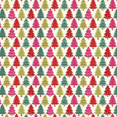 Thread & Ink Designs Deck The Halls Pine Parade cream cotton fabric with red, pink, teal and green decorated Christmas trees