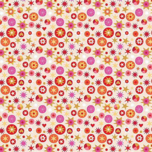 Thread & Ink Designs Home For Christmas Starlight fabric in cream with red, coral, pink and gold stars, starbursts, hearts and circular motifs