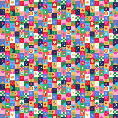 Thread & Ink Designs Home For Christmas Jolly Squares fabric in red, green, pink, blue and gold with stars, hearts, moons and geometric motifs