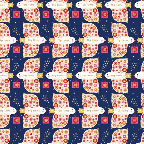 Thread & Ink Designs Home For Christmas Flying Home fabric in navy with white patterned festive birds, colourful stars and wrapped Christmas presents