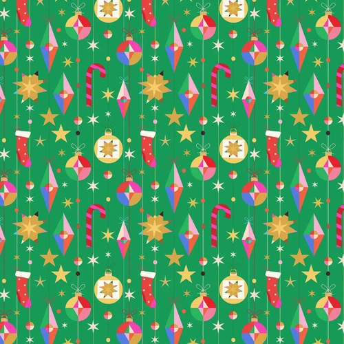 Thread & Ink Designs Home For Christmas Deck The Tree fabric in green with colourful hanging baubles, stars, candy canes and Christmas stockings