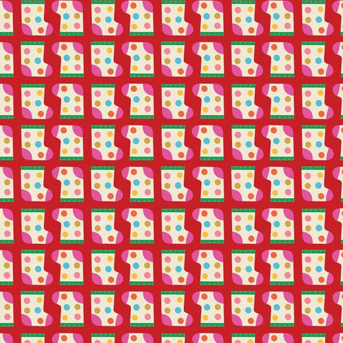 Thread & Ink Designs Home For Christmas Stockings fabric in red with pink, cream, turquoise, mustard and green Christmas stocking motifs