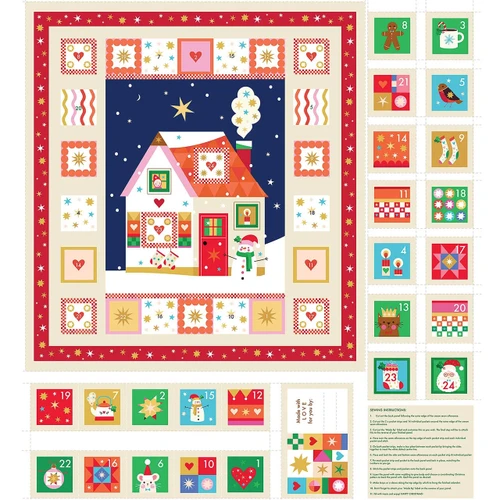 Thread & Ink Designs Home For Christmas Advent Calendar fabric panel by Fizzy Pop Prints with festive house, 24 numbered pockets and Christmas motifs