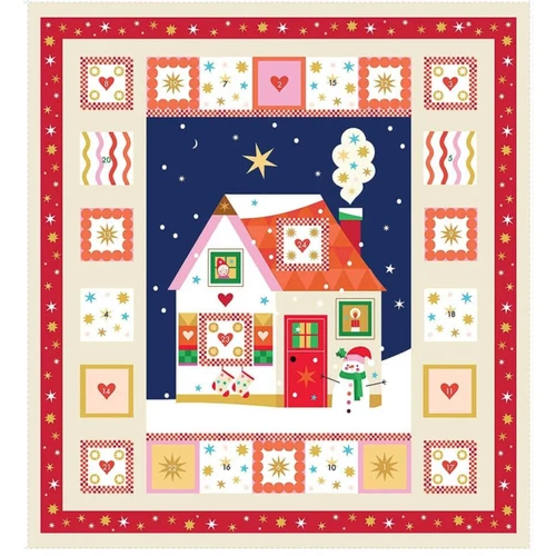 Finished Home For Christmas Advent Calendar by Fizzy Pop Prints for Thread & Ink Designs, showing the sewn calendar with 24 numbered festive pockets around a snowy Christmas house