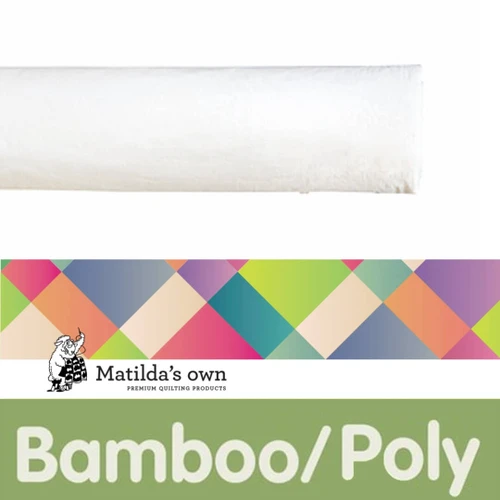 A roll of Matilda's Own Bamboo Poly Wadding, a premium-quality, quilt batting. The wadding appears soft and white, rolled neatly. Below the roll, there is a colourful, geometric-patterned banner featuring the Matilda's Own logo, which includes a small illustration of a sheep holding a quilt. The bottom section has a green background with the word "Bamboo Poly" in bold white letters, emphasising the product’s fibre composition.