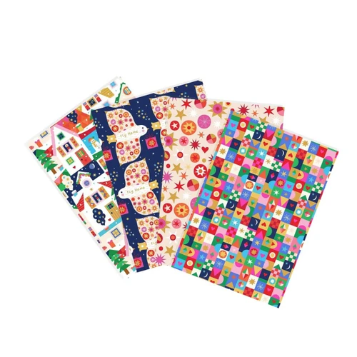 Merry & Bright Home for Christmas four-piece fat quarter fabric bundle with colourful festive houses, stockings, stars and geometric prints