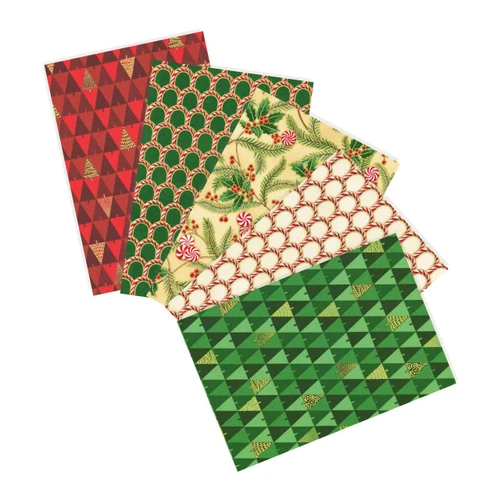 Peppermint & Pine five-piece fat quarter bundle from Robert Kaufman Peppermint Twist with Christmas trees, holly, peppermint designs and metallic gold details