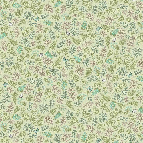 Makower UK Little Ones Foliage Green fabric with delicate foliage and butterfly motifs in soft green tones on cotton