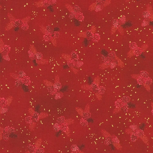 Robert Kaufman Holiday Flourish Tonal Pinecones in Cranberry cotton fabric with red and burgundy pinecones, pine needles and metallic gold flecks on cranberry red