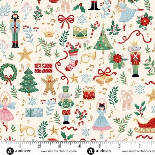 Makower UK The Nutcracker Collection Fairytale Cream fabric with Nutcrackers, ballerinas, trees and festive motifs on cream, shown with a ruler for scale.