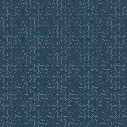 Blue Scatter fabric from the Itsy Bits Collection by Renee Nanneman for Andover Fabrics, featuring pale blue dash and dot motifs on dark navy cotton