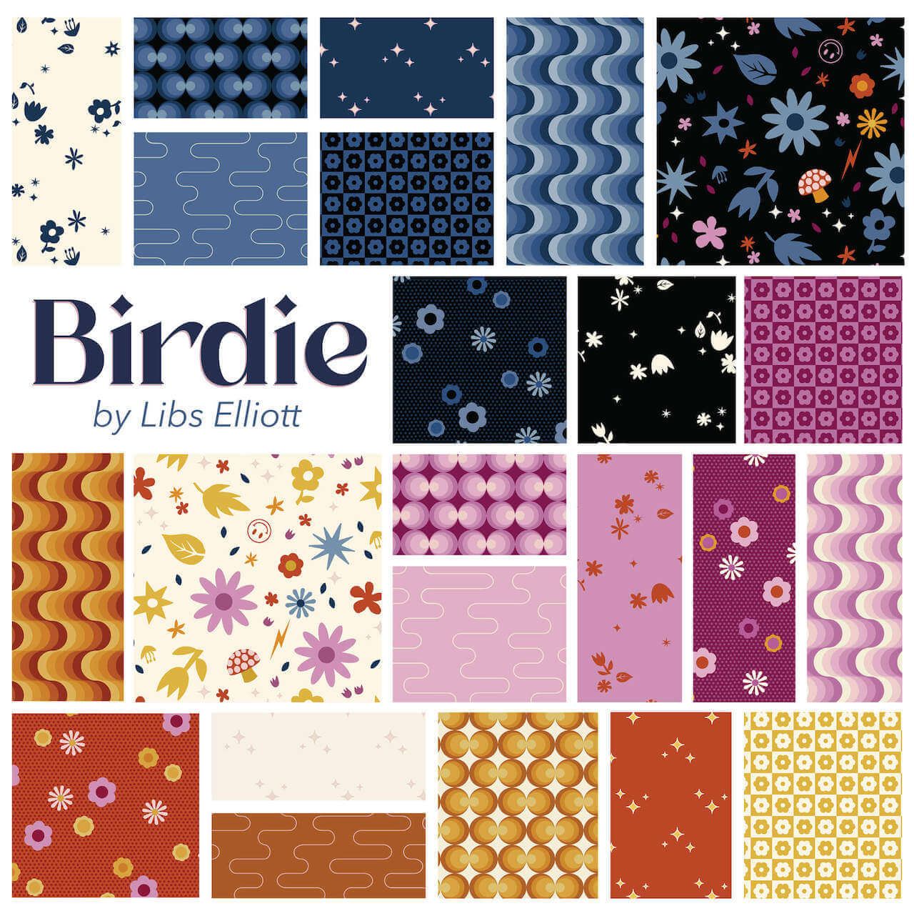 A collage of fabric swatches from the Birdie collection by Libs Elliott for Andover Fabrics. The image showcases a variety of retro-inspired designs, including geometric waves, floral patterns, starry motifs, and checkerboard prints in a range of colours, such as blues, pinks, oranges, and yellows. The fabrics are arranged in a grid format with the "Birdie" logo prominently displayed.