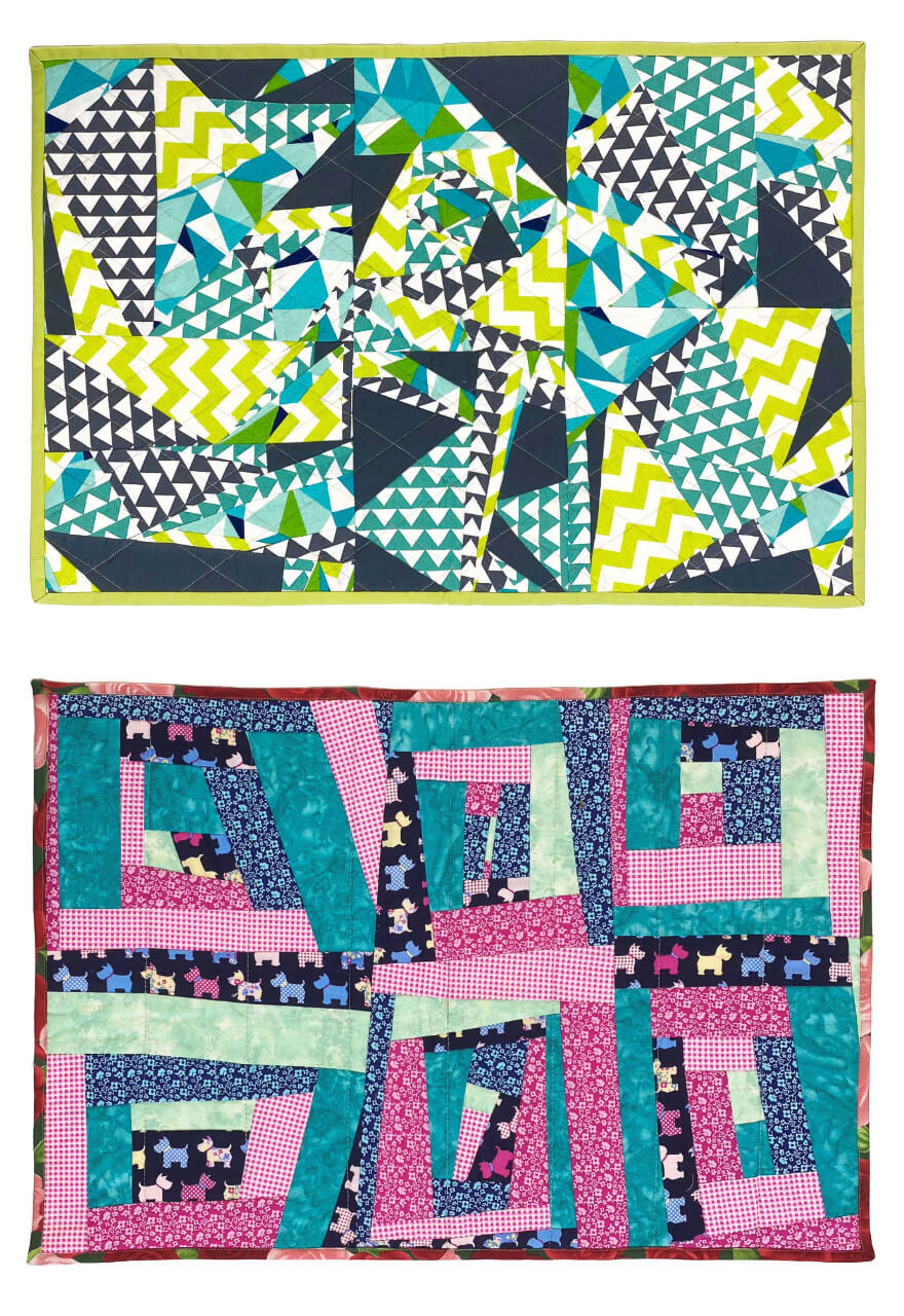 A pair of mini improv quilts, each featuring a unique abstract design. The top quilt has a bold geometric layout with irregularly shaped fabric pieces in shades of green, blue, white, and black, incorporating zigzag and triangle patterns. It is finished with a lime green binding. The bottom quilt showcases a playful colour palette of pink, teal, navy, and light green, with various prints including gingham and dog motifs. Its design is inspired by a wonky log cabin style, creating a freeform, layered effect. The quilt is framed with a red-toned binding, adding a contrasting finish to the lively composition.