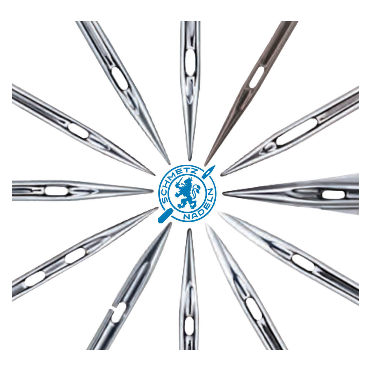 A selection of needle tips pointed towards the Schmetz Logo