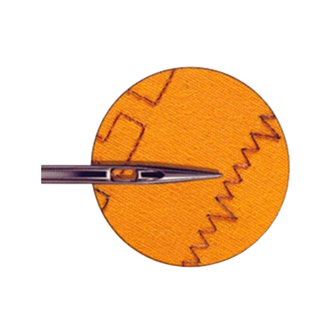 Embroidery needle over a piece of orange fabric which has embroidery stitching