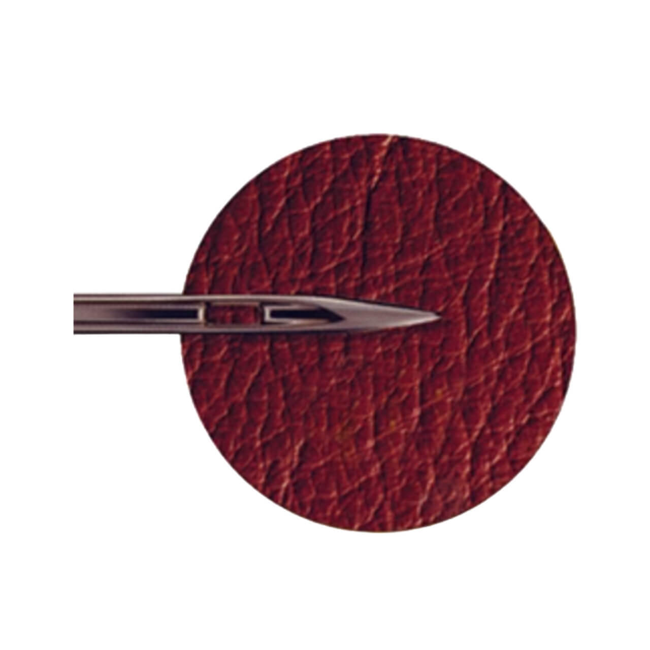 Leather needle tip overlaid on a piece of leather