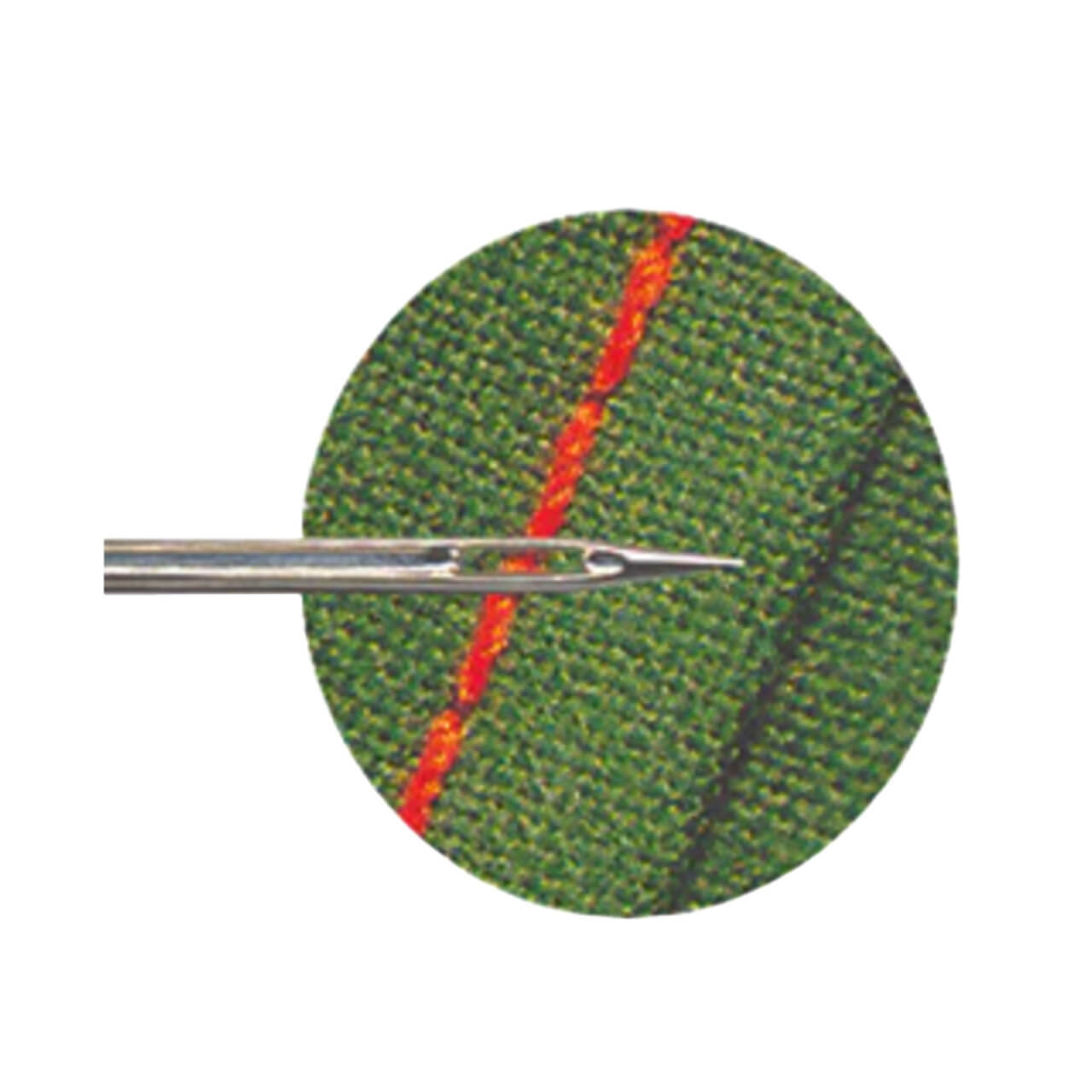 Topstitch needle tip over green fabric with red stitching
