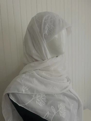 Embroidered White Chiffon Hijab 45" Square