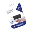 Verbatim Store'n'Go Pinstripe USB 2.0 Drive 64GB in Black 49065 front view of drive angled left in packaging
