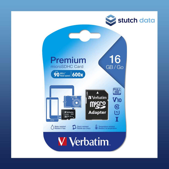 Verbatim Micro SDHC 16GB (Class 10) with Adaptor 44082 front view in packaging