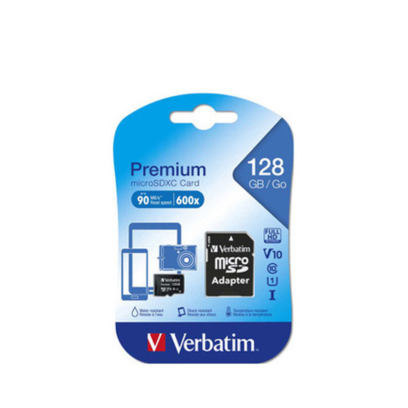 Verbatim Micro SDXC 128GB (Class 10 UHS-I) with an Adapter 44085 front view in packaging