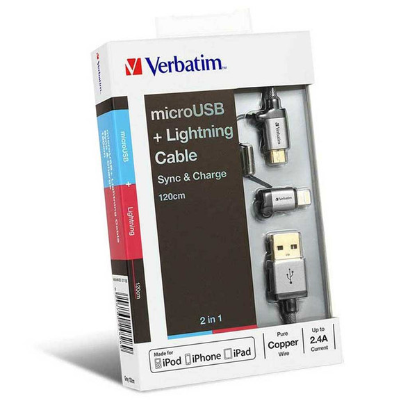 Verbatim Metallic Charge&Sync 2-in1 Micro+Lightning - Grey 120cm 64828