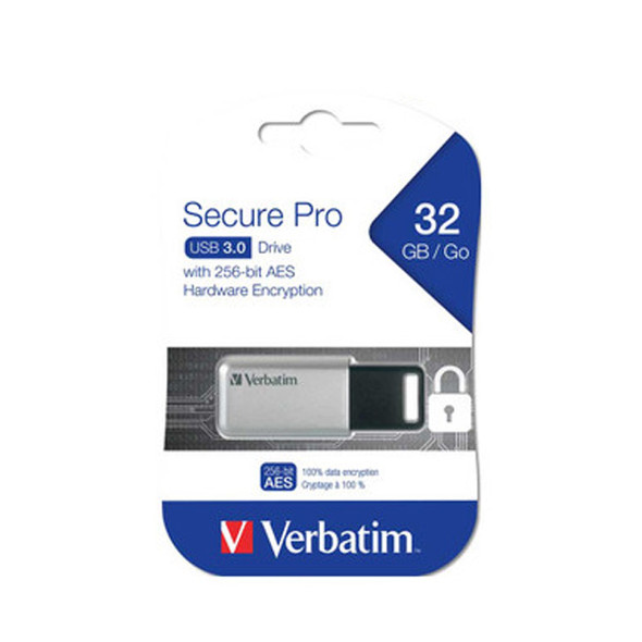 Verbatim Store'n'Go Secure Pro USB 3.0 Drive 32GB 98665 front view in packaging
