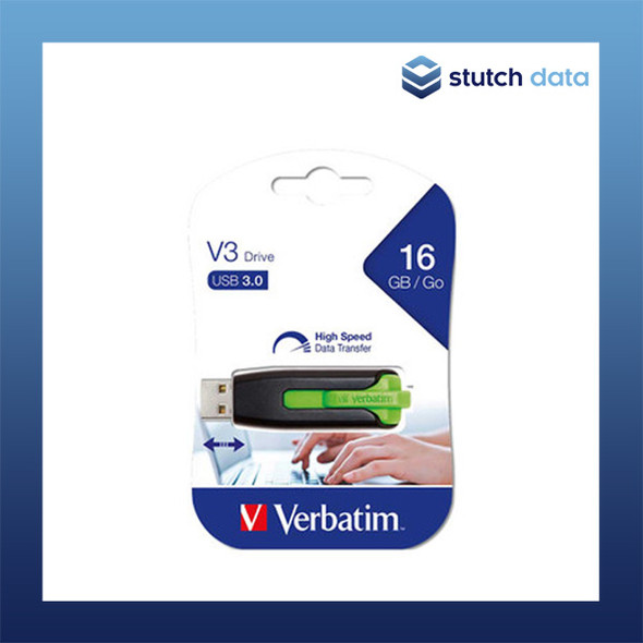 Verbatim Store'n'Go V3 USB 3.0 Drive 16GB in Eucalyptus Green 49177 front view in packaging