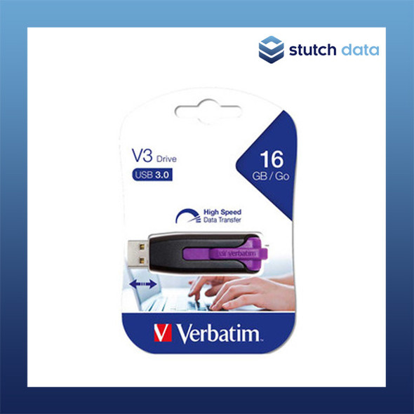 Verbatim Store'n'Go V3 USB 3.0 Drive 16GB in Violet 49180 front view of drive in packaging