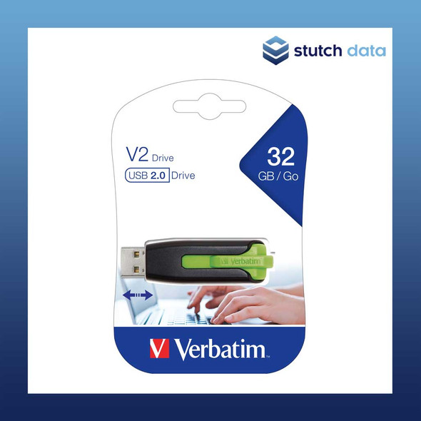 Verbatim Store 'n' Go V2 USB 2.0 Green 32GB Drive 65852 view from the front of drive in the packaging