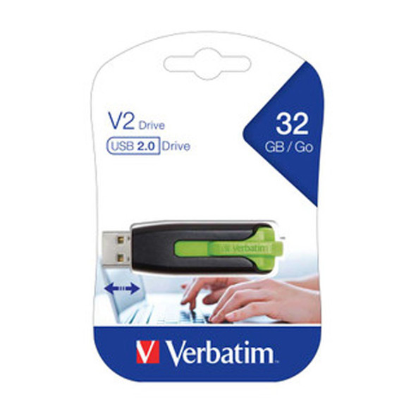 Verbatim Store 'n' Go V2 USB 2.0 Green 32GB Drive 65852 view from the front of drive in the packaging
