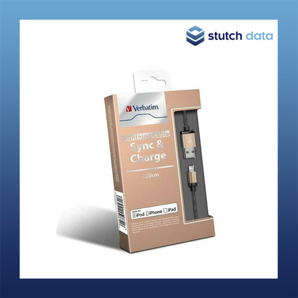 Verbatim Gold Metallic Charge & Sync Lightning Cable 120cm 64532 front view in packaging angled right