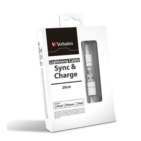 Verbatim White Super Flexible Lightning Cable 20cm 64533 front view in packaging angled back to the right