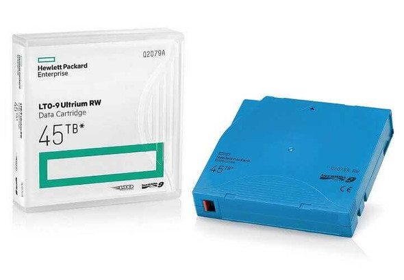 HPE LTO-9 Ultrium 18TB/45TB RW Data Cartridge Q2079A view of Case & packaging on the left & the cartridges on the right