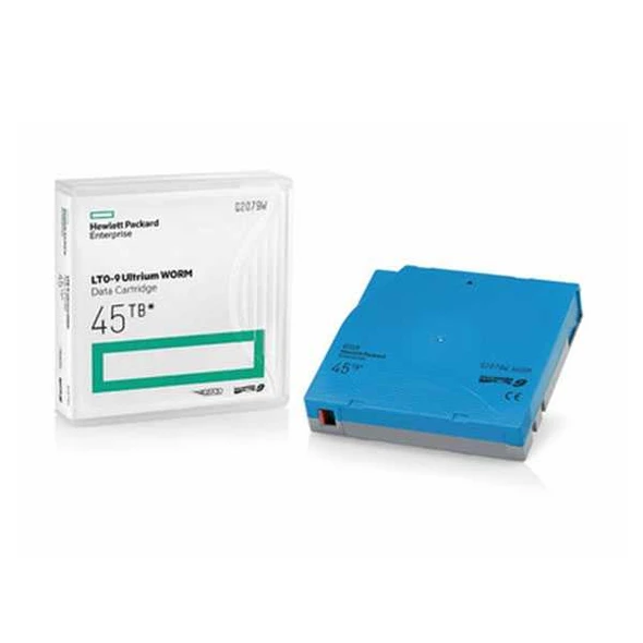 HPE LTO-9 Ultrium WORM Data Cartridge Q2079W view of the case & packaging on the left & the cartridge on the right