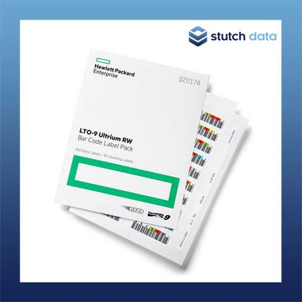 HPE LTO-9 Ultrium RW Barcode Label Pack Q2017A view of packaging & part of a sheet of barcode labels