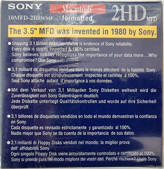 Sony 2HD Macintosh Formatted 3.5" DS 1.4MB Floppy Disks back 10MFD-2HD Sony 2HD Macintosh Formatted 3.5" DS 1.4MB Floppy Disks back 10MFD-2HD