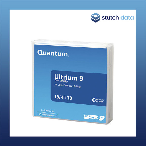 Quantum LTO9 Ultrium 9 Data Cartridge MR-L9MQN-01 angled front view of the cartridge in its case
