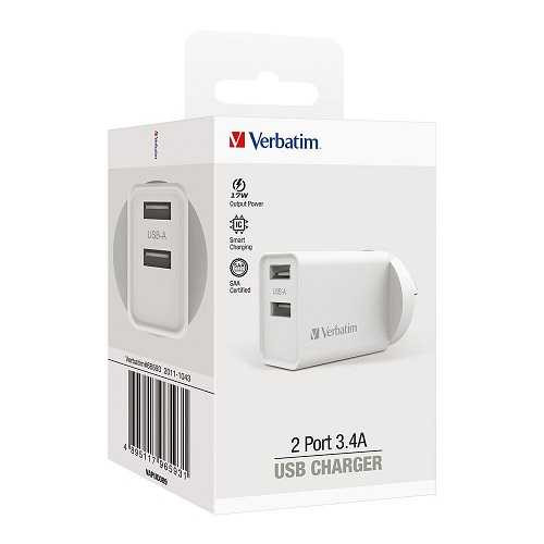 Verbatim USB Charger Dual Port 2.4A/3.4A in White 66593