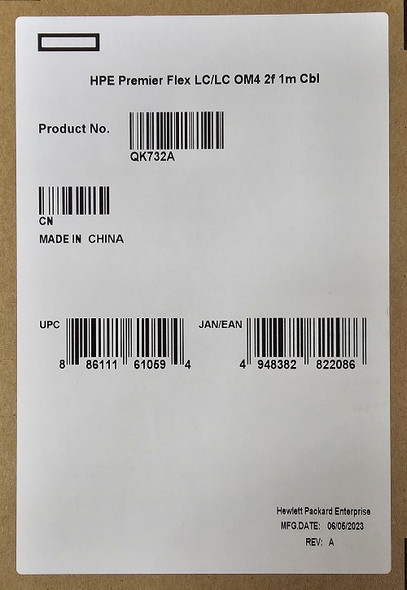 HPE Premier Flex LC/LC Multi-mode OM4 2 Fibre 1m Cable QK732A top view of box label