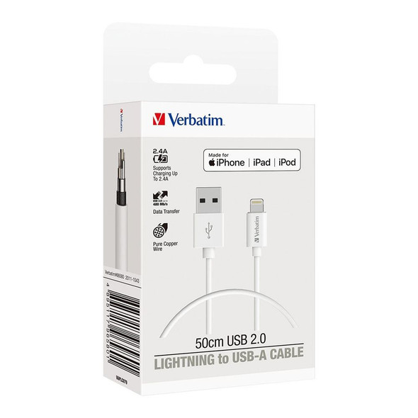 Verbatim Charge & Sync Lightning Cable 50cm in white 66580 in packaging front angled right view