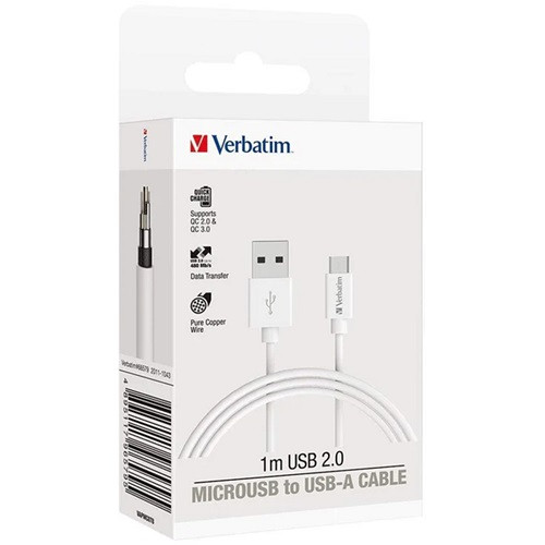 Verbatim Charge'n'Sync microUSB to USB-A 1m white cable 66579 front angled view of cable in its packaging