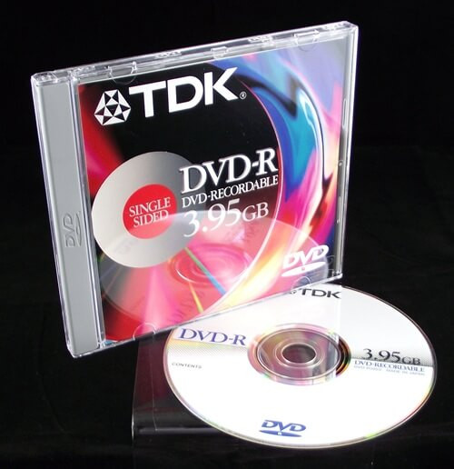 TDK DVD-R Single-Sided 3.95GB Disc in a Jewel Case (DVD-R395S) view of packaging & disc below
